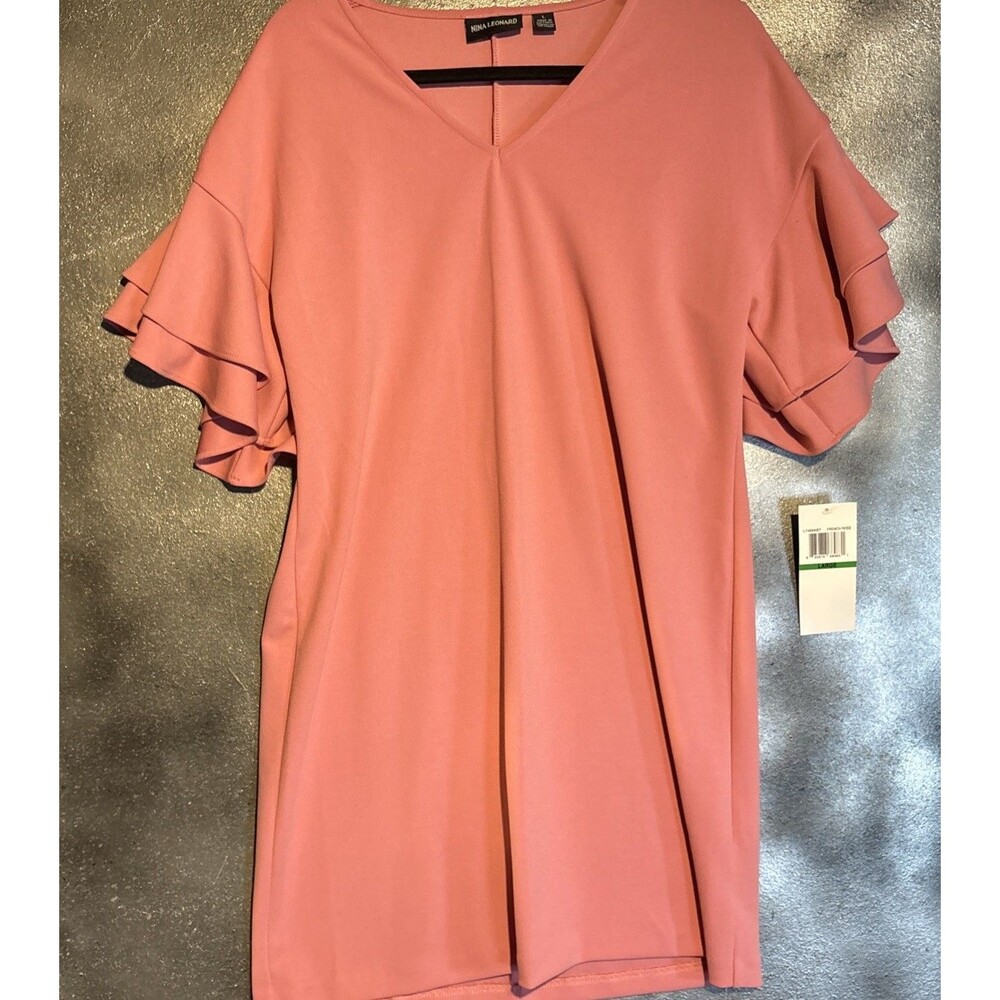 Nina Leonard Ruffled Short Sleeve Knee-length Dress L French Rose Career Modest
